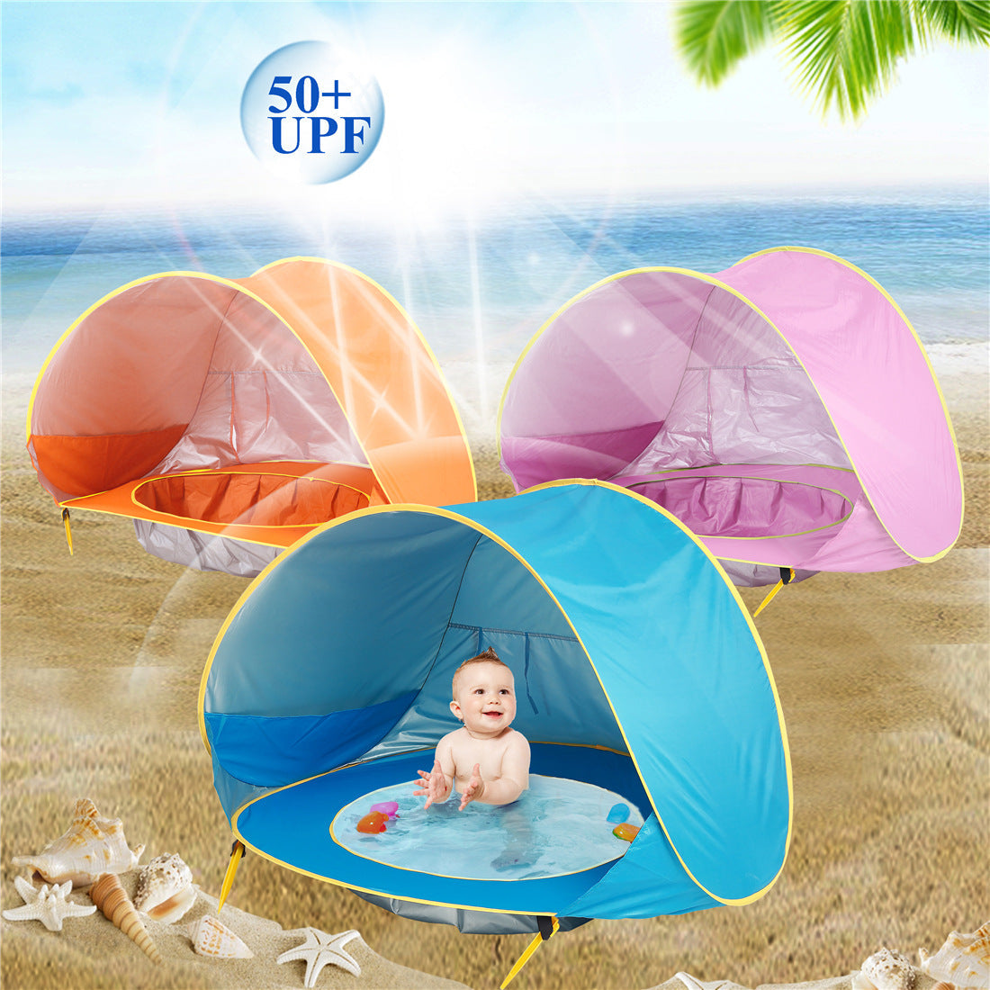 Three baby beach tents orange pink blue with yellow trim; UV50+ UPF waterproof, fold My Store on Tampa Home & Garden Store