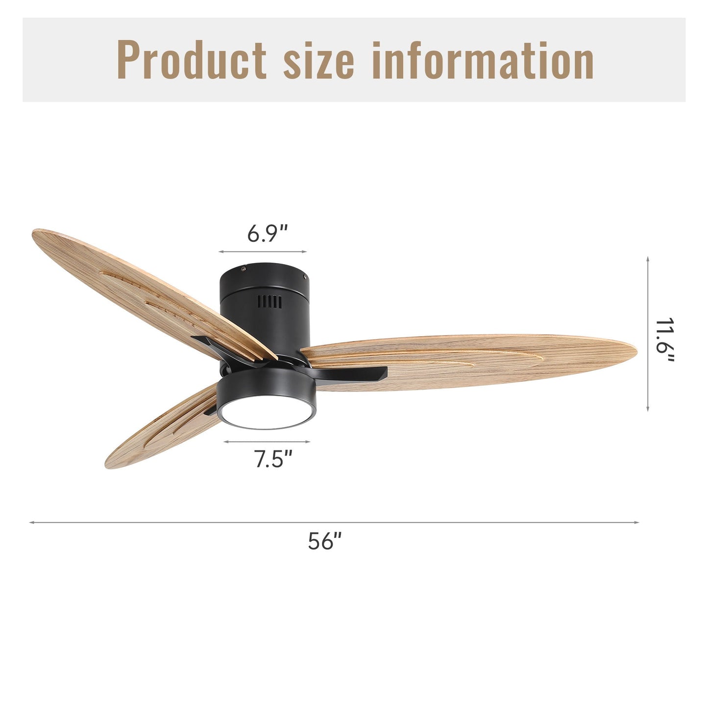 Flush mount ceiling fan with light and remote, black finish, 3 wood blades, reversible DC motor on Tampa Home & Garden Store