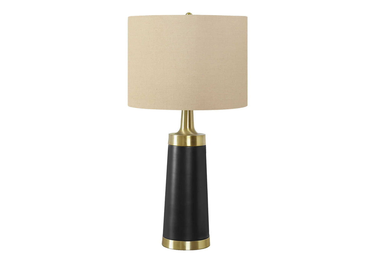 Table lamp resin, contemporary black base with brass collar and beige shade on Tampa Home & Garden Store