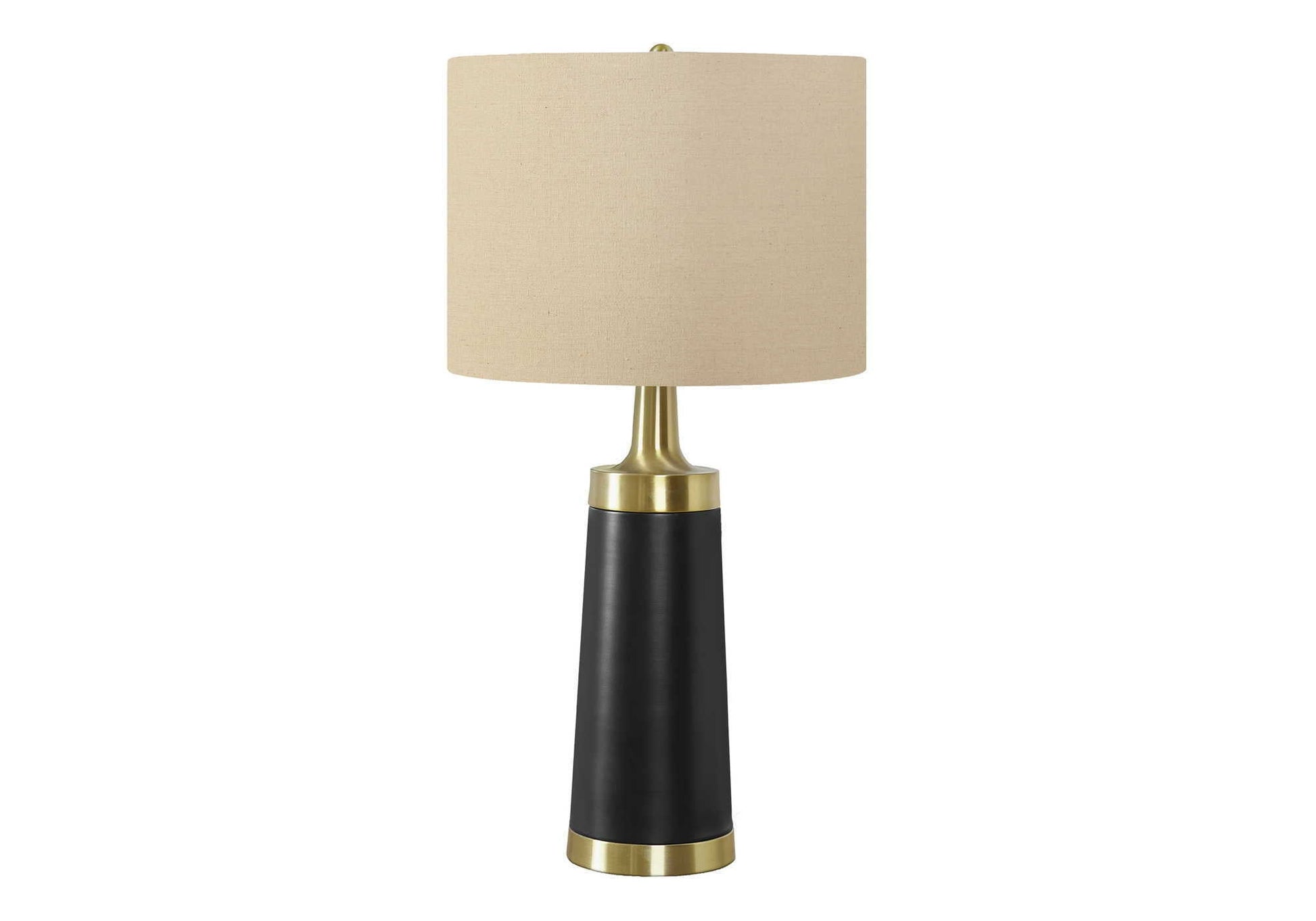 Table lamp resin, contemporary black base with brass collar and beige shade on Tampa Home & Garden Store