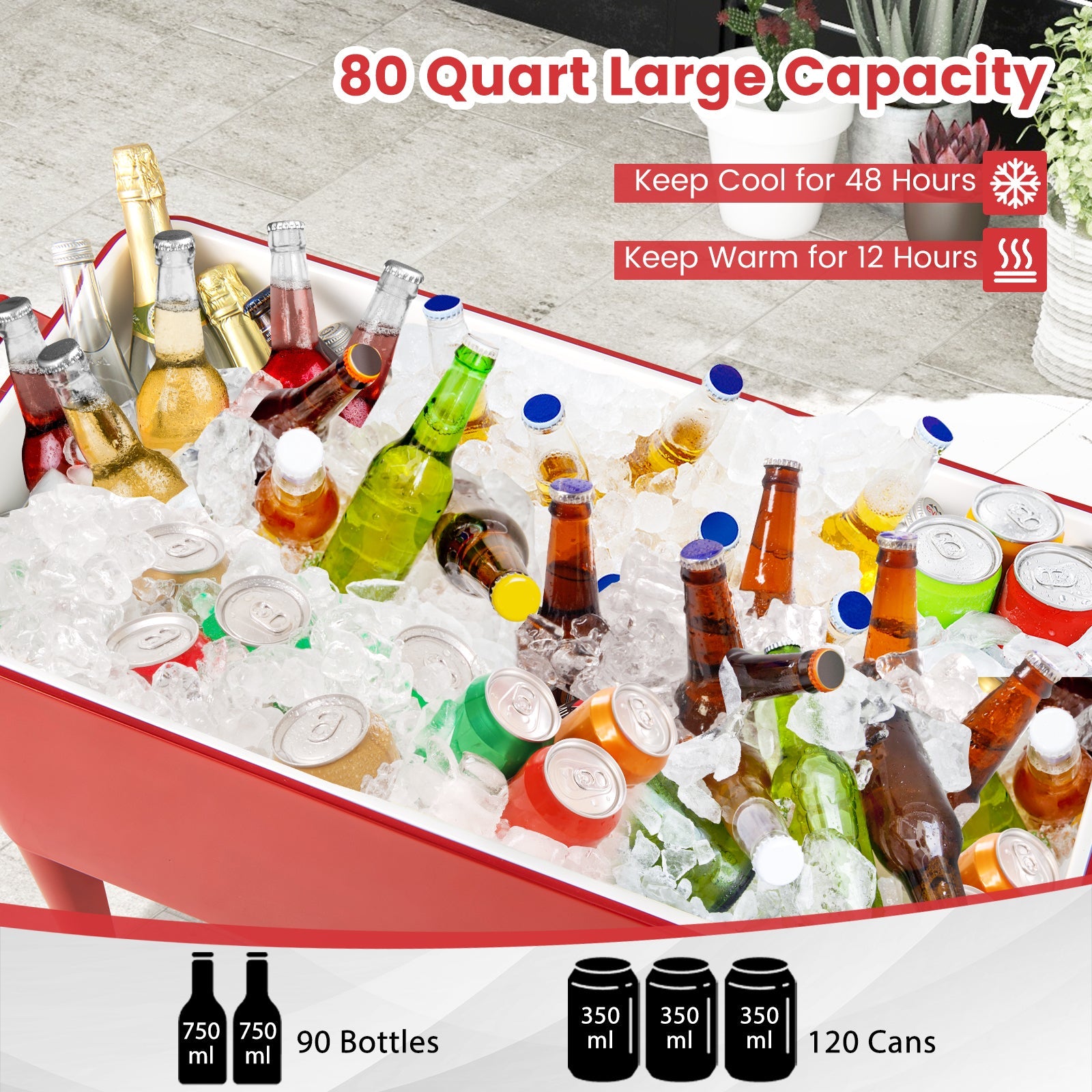 GemGear red portable outdoor patio cooler cart 80-quart capacity ice-filled with bottles and cans on Tampa Home & Garden Store