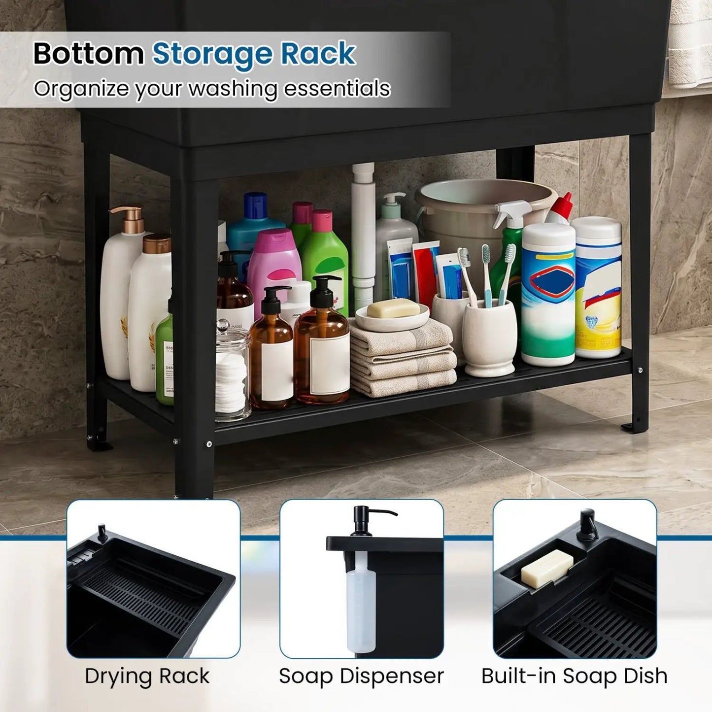 100L Utility Sink with Rotating Faucet and Shelf