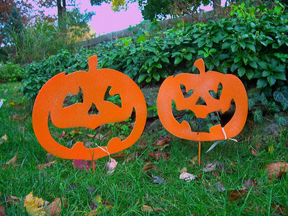 Jack-O-Lantern pumpkin garden stake pair in bright orange metal Rustica Ornamentals on Tampa Home & Garden Store