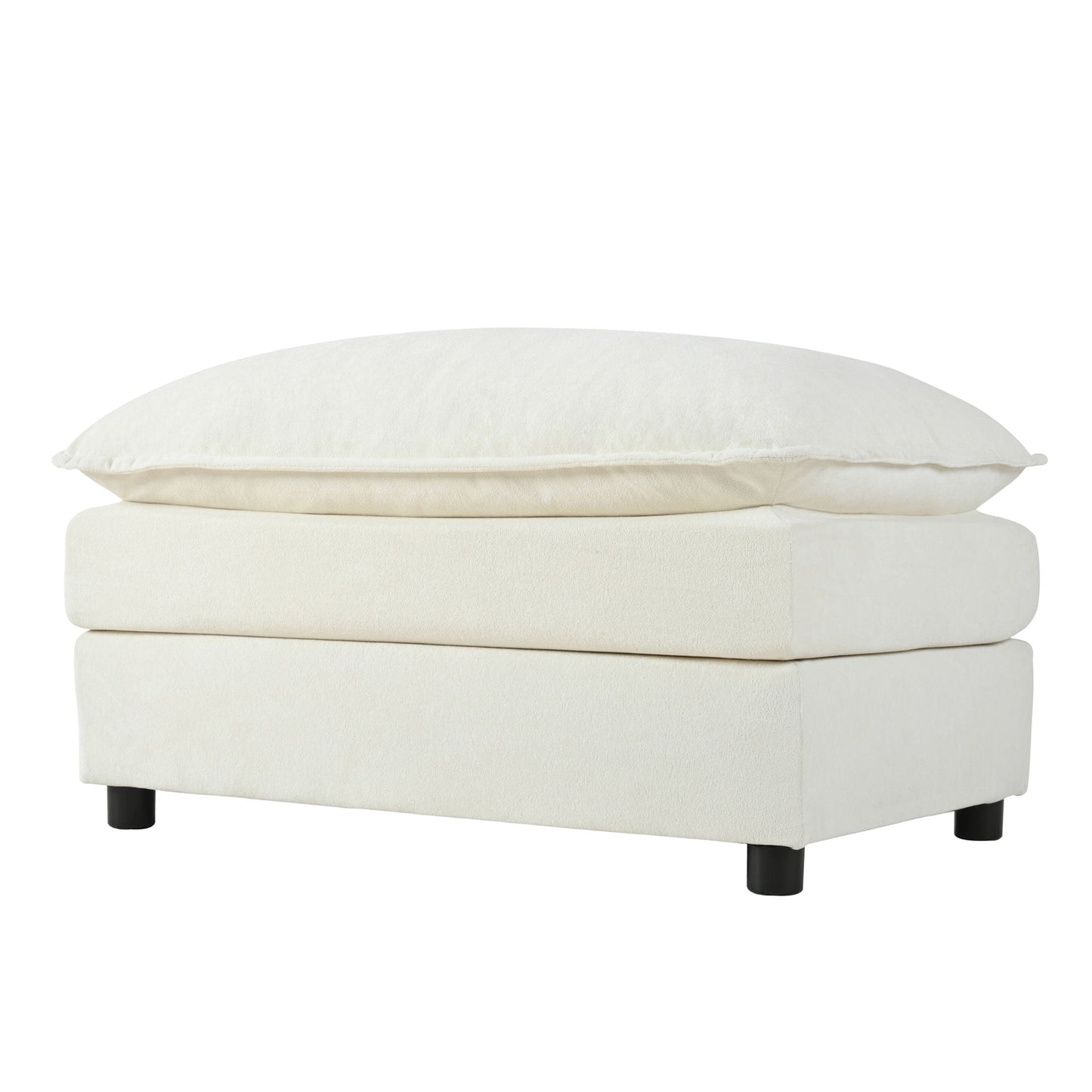 Cream fabric ottoman with two plush cushions and black legs on Tampa Home & Garden Store