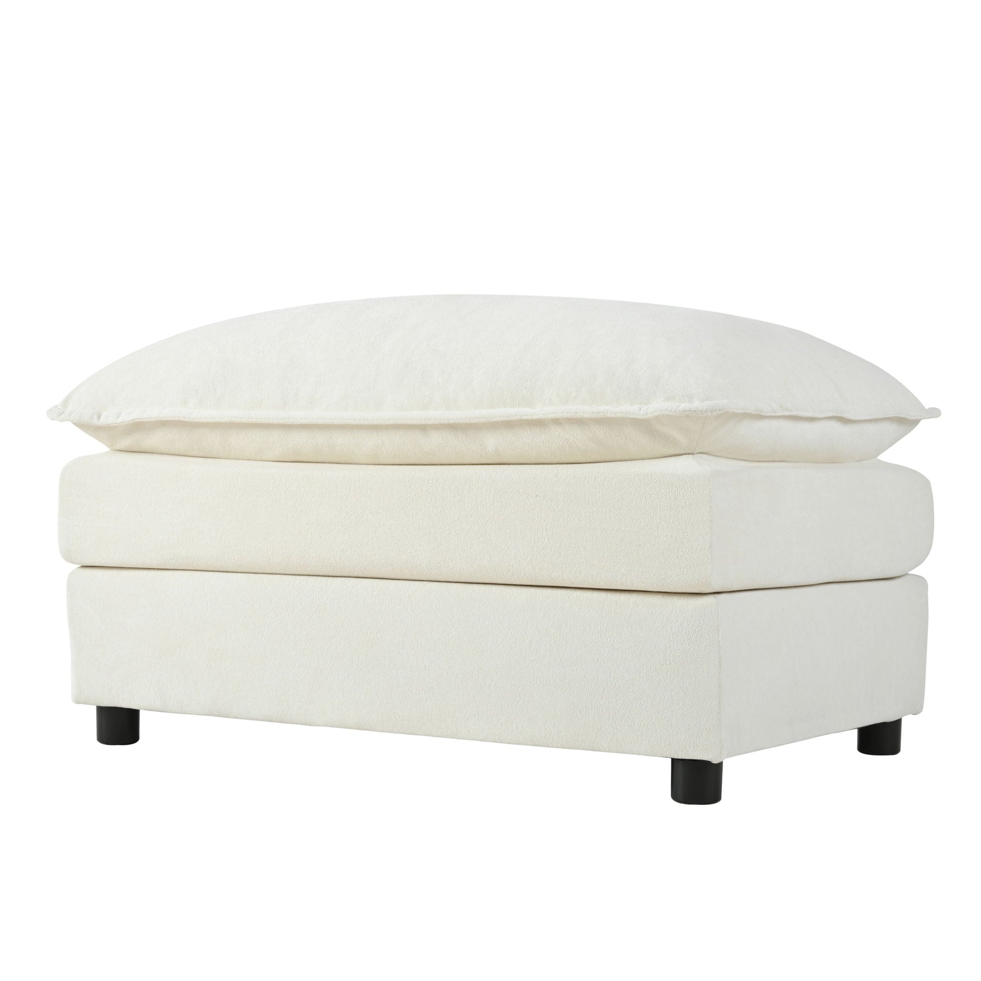 Cream fabric ottoman with two plush cushions and black legs on Tampa Home & Garden Store