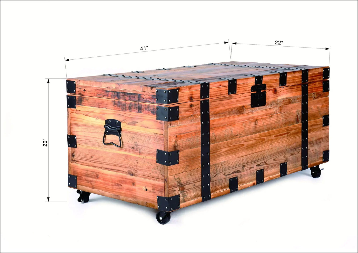 Trunk table coffee table in natural wood with black metal hardware and four wheels storage on Tampa Home & Garden Store