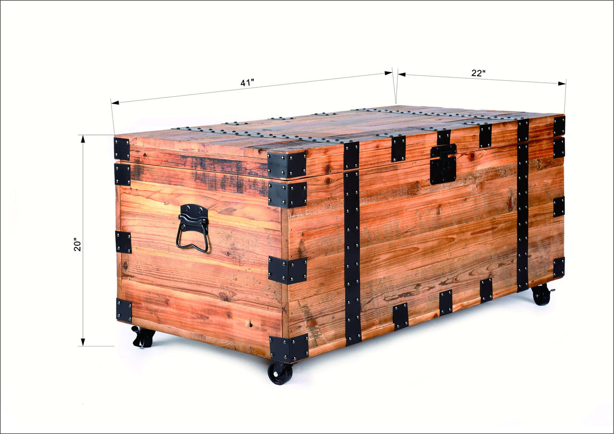 HouseOfZazla trunk coffee table with four wheels, natural wood and black metal hardware on Tampa Home & Garden Store