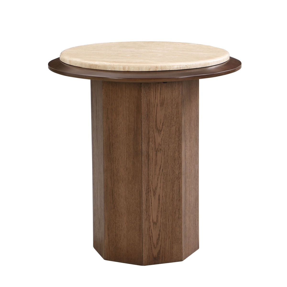 Walnut round end table with travertine top, contemporary design on Tampa Home & Garden Store
