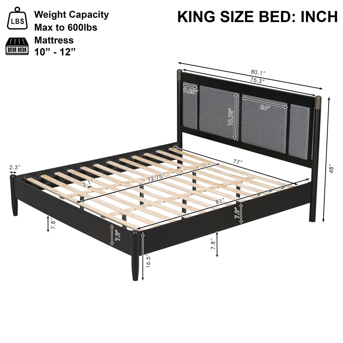 Solid wood king bed frame with black finish, slatted foundation and upholstered headboard on Tampa Home & Garden Store
