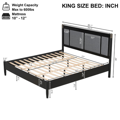 Solid wood king bed frame with black finish, slatted foundation and upholstered headboard on Tampa Home & Garden Store