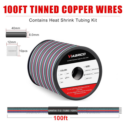100ft RGBW LED Extension Cable 22 Gauge 5Pin 12V DC Electrical Wire 5 Colors 22AWG Wires with 10PCS Connectors for RGBW 3528 5050 Led Strip - Tampa Home & Garden Store