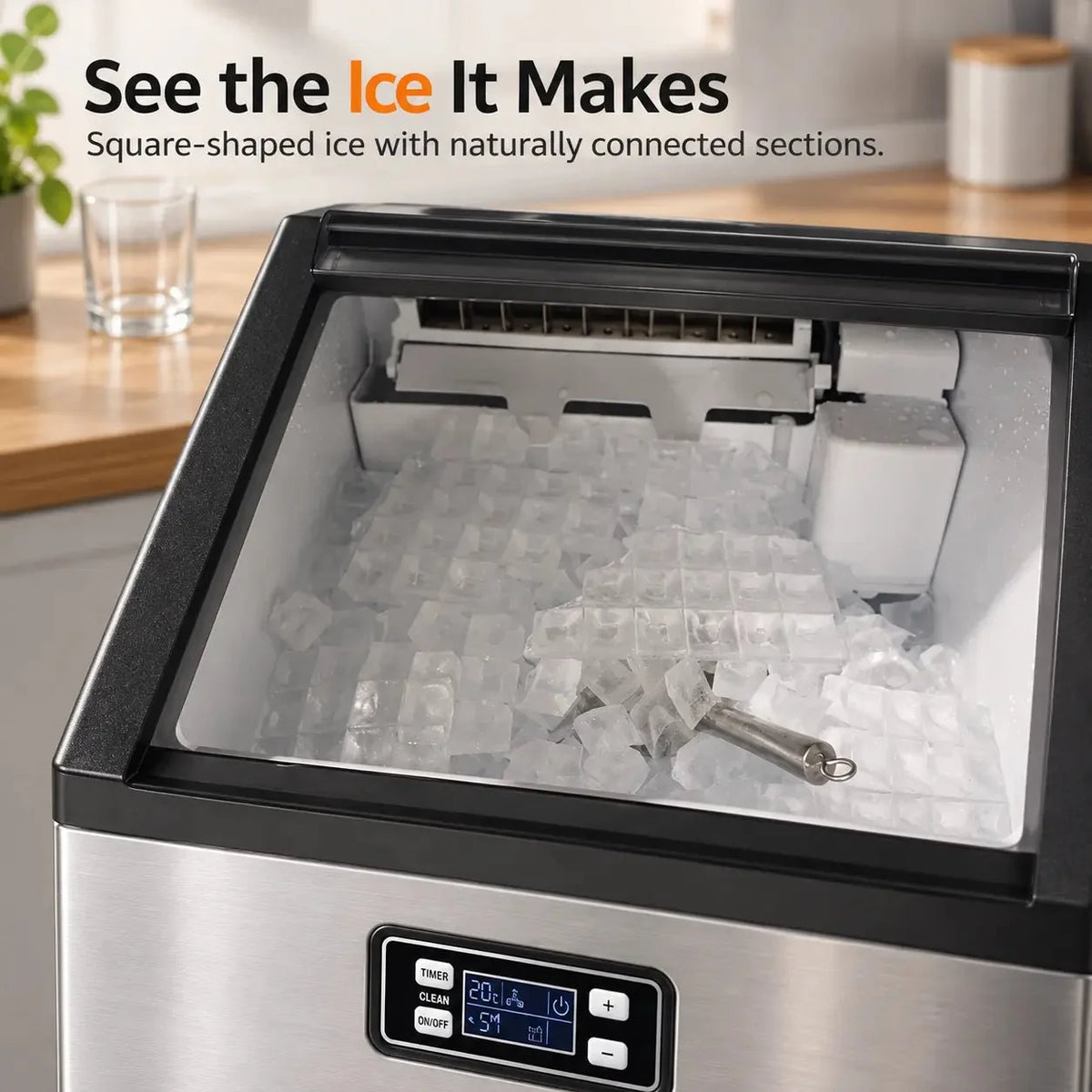 Freestanding Ice Maker Z5845A by Kismile; stainless steel with clear ice cubes and scoop on Tampa Home & Garden Store