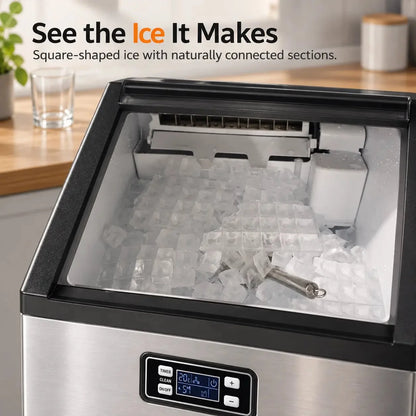 Freestanding Ice Maker Z5845A by Kismile; stainless steel with clear ice cubes and scoop on Tampa Home & Garden Store
