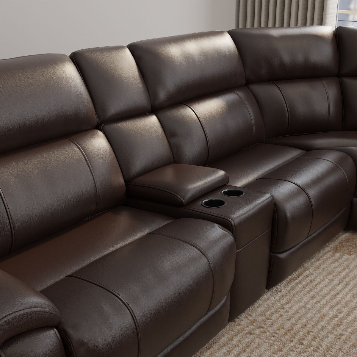 Brazil power sectional reclining sofa in dark brown leather with center-console cup holders on Tampa Home & Garden Store