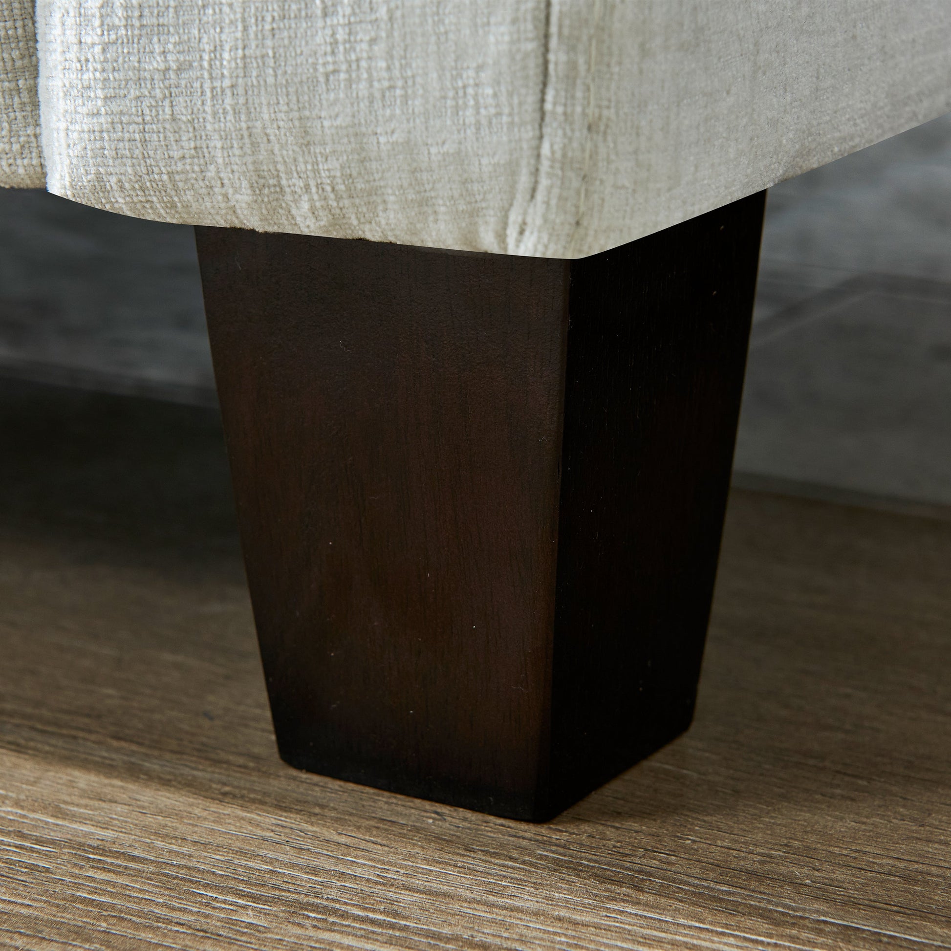 96.5in sectional couch beige textured fabric with dark wood block leg on Tampa Home & Garden Store