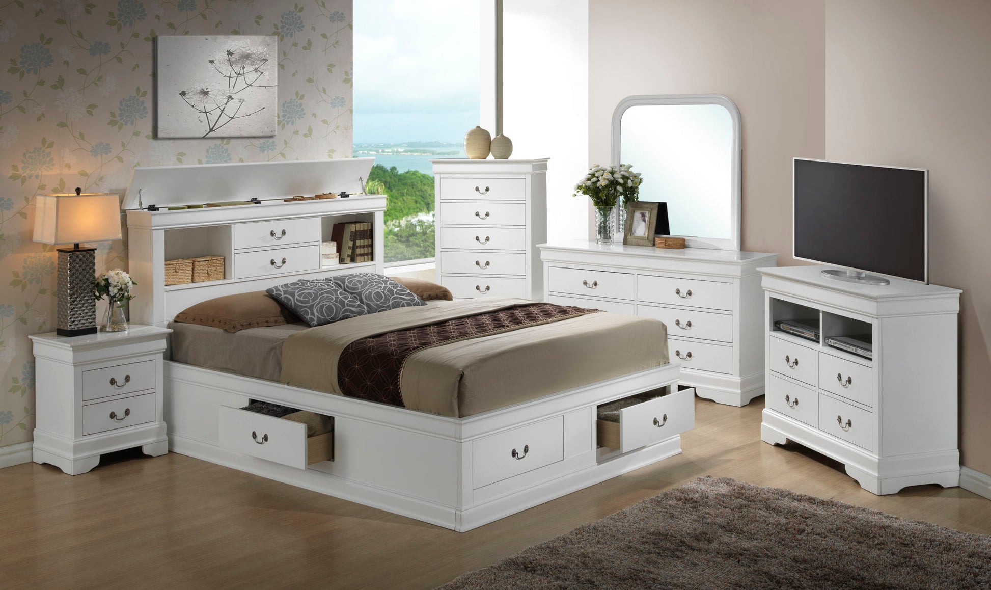 Traditional Style Bookcase Storage Bed in white with built-in drawers by HouseOfZazla on Tampa Home & Garden Store
