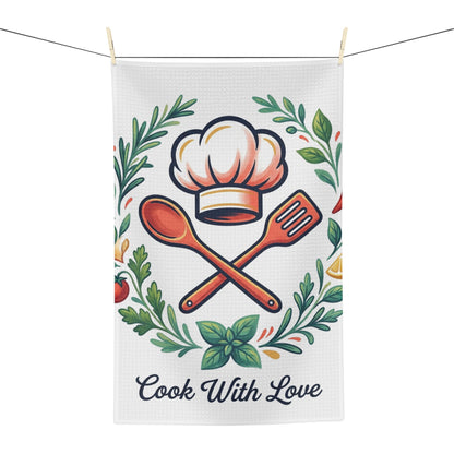 Cook With Love tea towel microfiber kitchen towel by Mai Autumn with greenery on Tampa Home & Garden Store