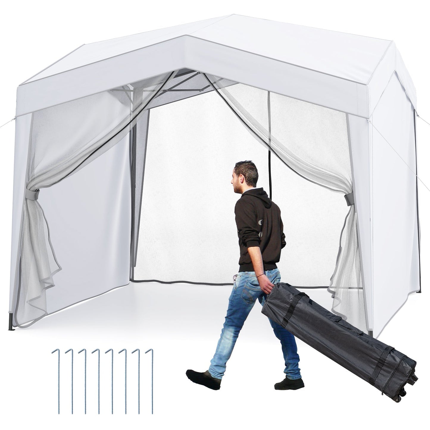Pop up canopy tent GemGear white with 4 mesh sidewalls and wheeled carry bag on Tampa Home & Garden Store