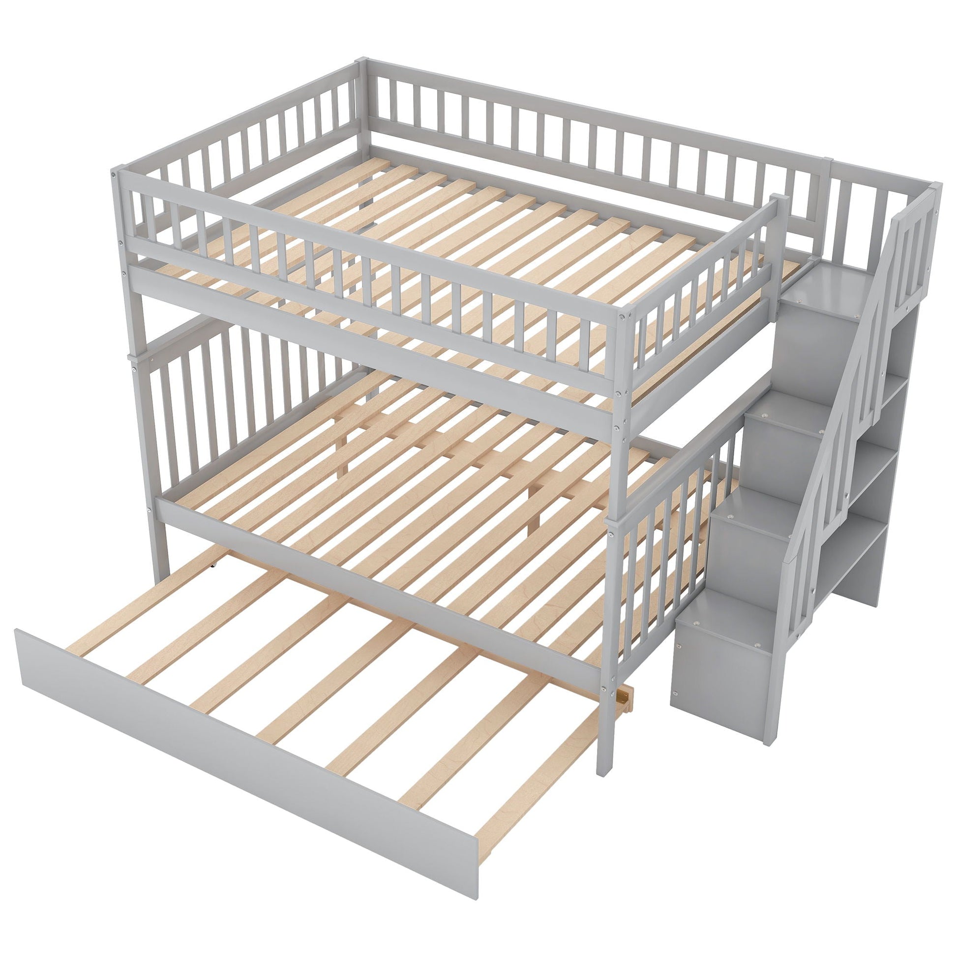 Bunk bed with staircase, gray finish and wooden slats, HouseOfZazla bunk beds on Tampa Home & Garden Store