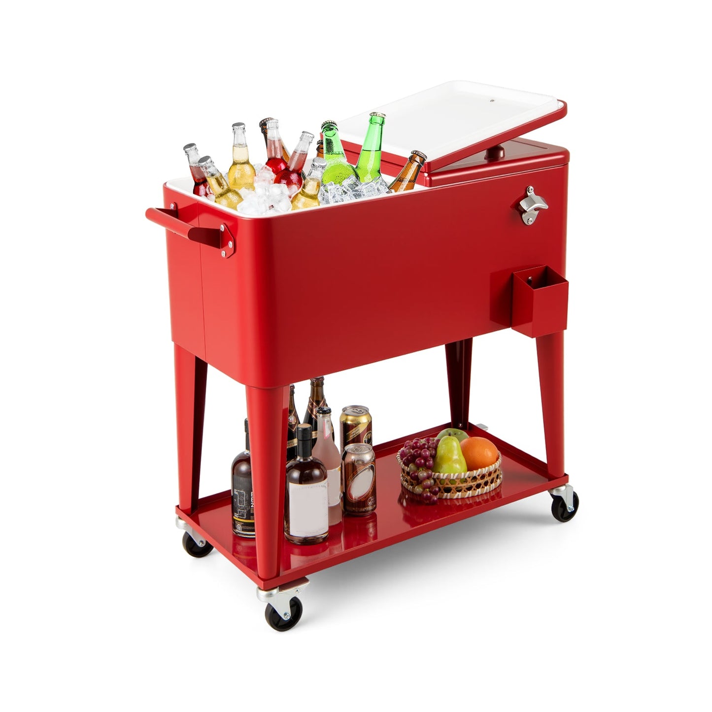 GemGear portable red patio cooler with bottle opener and bottom shelf, ice and bottles visible on Tampa Home & Garden Store