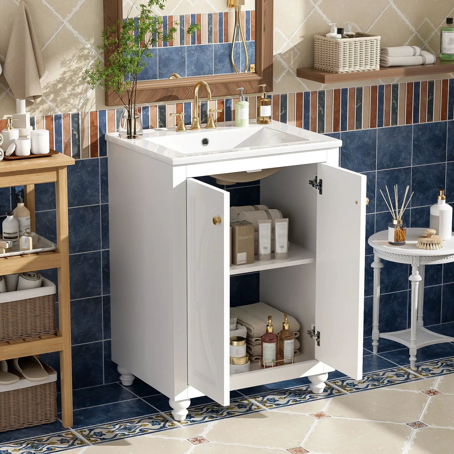 White bathroom vanity ornate elliptical motif soft-close hinges Unique Piece Furniture on Tampa Home & Garden Store
