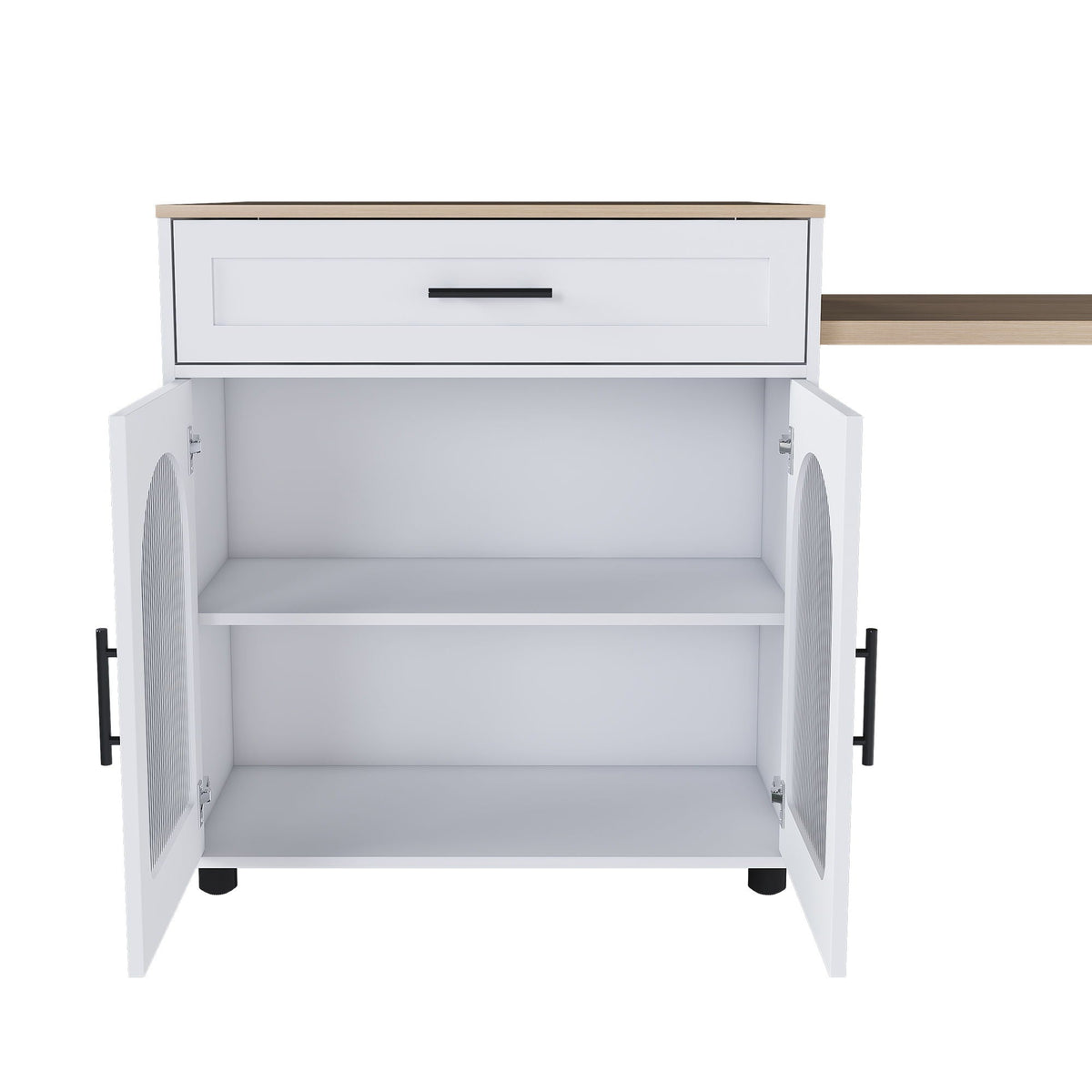 Expandable Kitchen Island With Power Outlet, white cabinet, wood top, single black drawer handle on Tampa Home & Garden Store