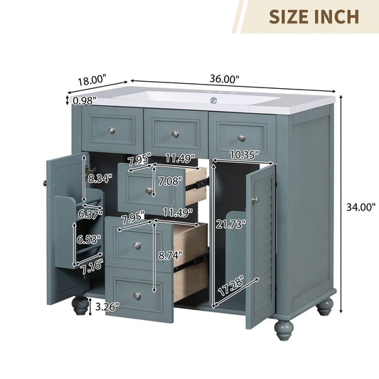 36 inch modern mirror cabinet with shelves in blue-gray finish, metal knobs and drawers on Tampa Home & Garden Store