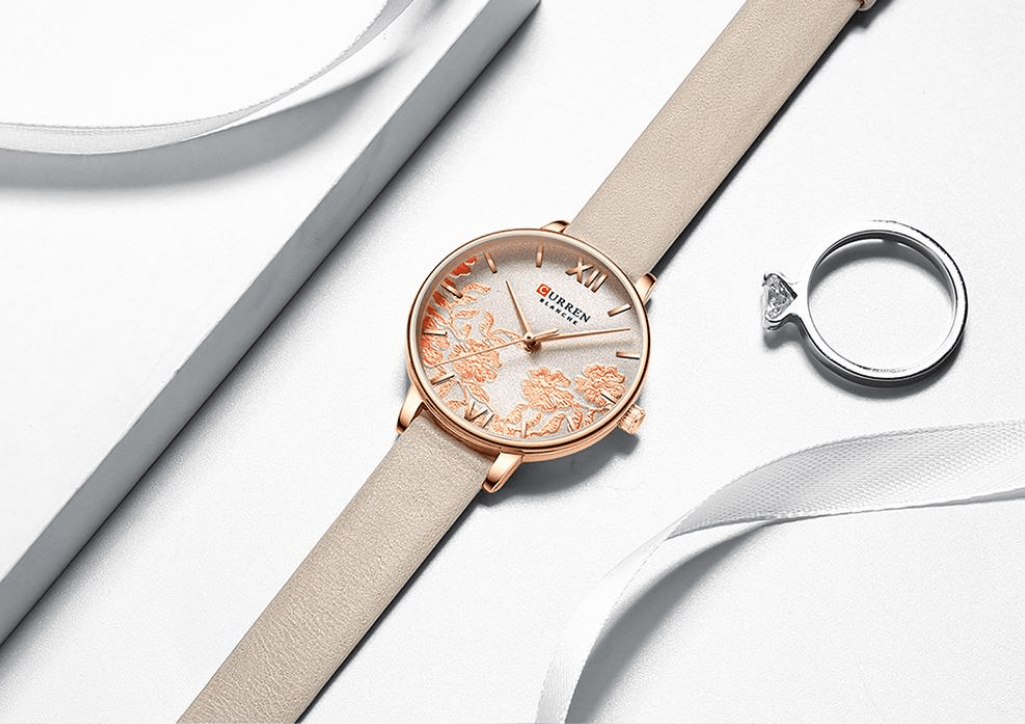 Stevvex watch with decoupage floral dial, beige leather strap; two-item set with ring on Tampa Home & Garden Store