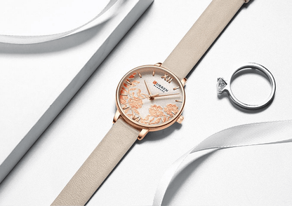 Stevvex watch with decoupage floral dial, beige leather strap; two-item set with ring on Tampa Home & Garden Store