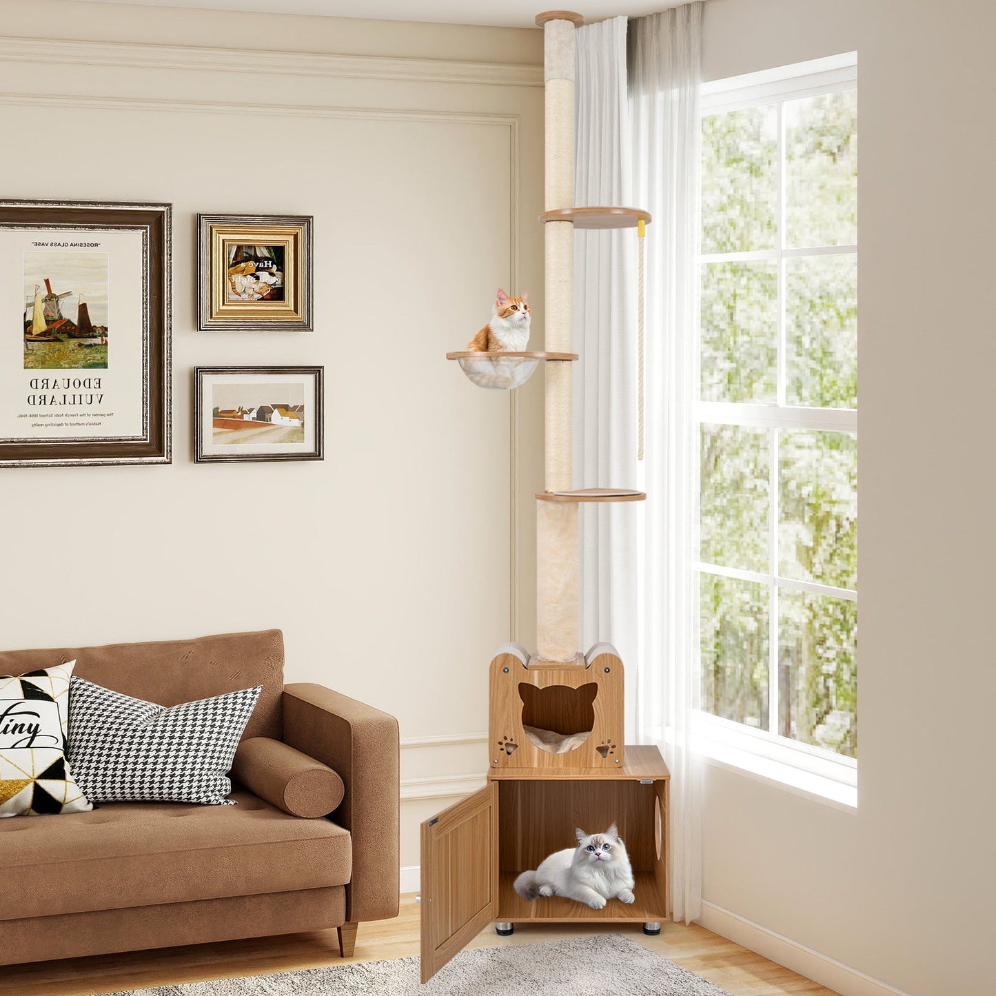 101 Inch Floor to Ceiling Cat Tree Height Adjustable with Litter Box Enclosure-Brown