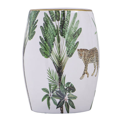 13x13x18 Ceramic Jungle-Themed Garden Stool with leopard and palm motif by HouseOfZazla on Tampa Home & Garden Store