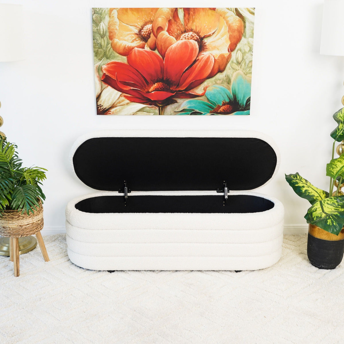 Cabana storage bench ivory fabric with hinged lid opening to black interior on Tampa Home & Garden Store