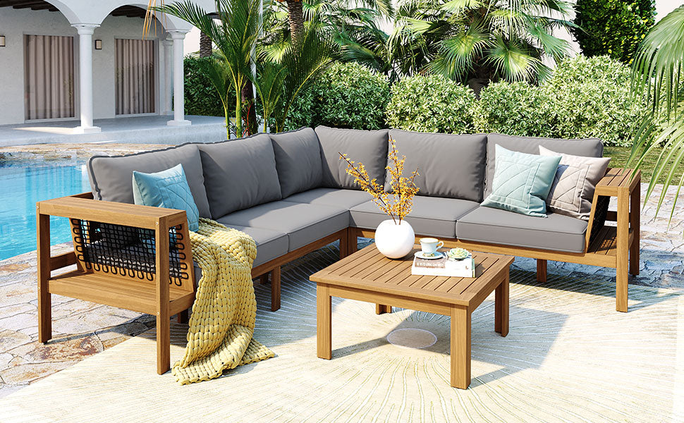 4-piece outdoor acacia wood sofa set with gray cushions and coffee table by HouseOfZazla on Tampa Home & Garden Store
