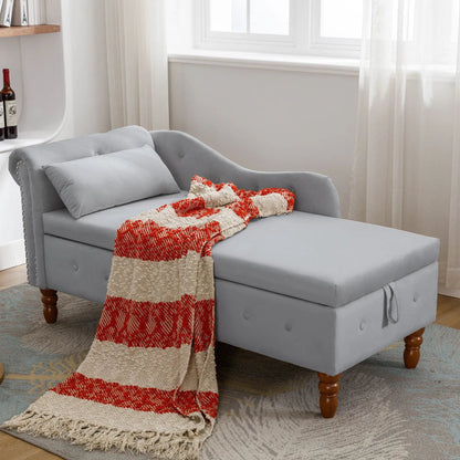 Unique Piece Furniture gray upholstered chaise lounge with nailhead trim and pillow on Tampa Home & Garden Store