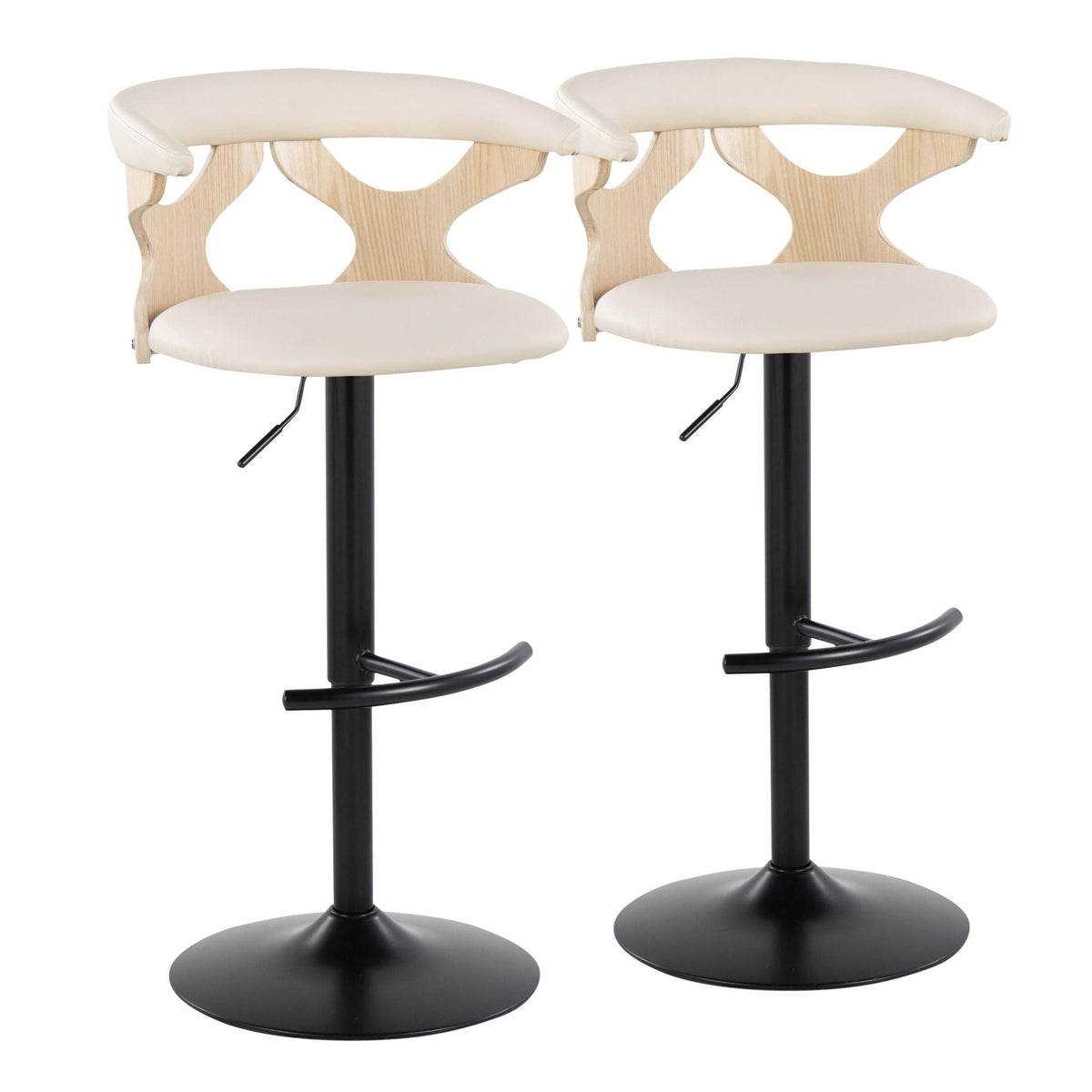 Pair of contemporary adjustable barstool set with swivel, beige upholstery, curved wood frames on Tampa Home & Garden Store