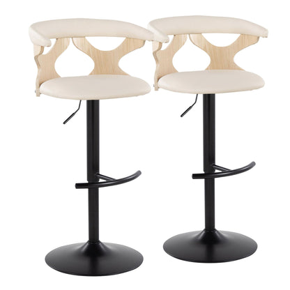 Pair of contemporary adjustable barstool set with swivel, beige upholstery, curved wood frames on Tampa Home & Garden Store