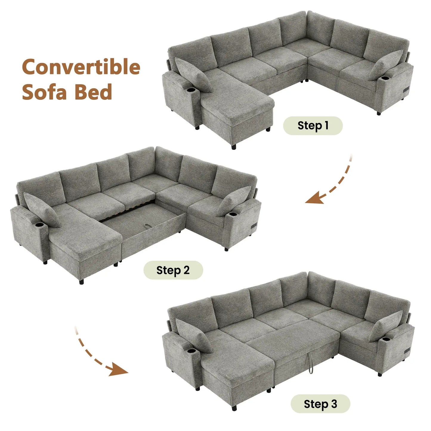 U Shaped Sectional Sleeper Sofa With Ports