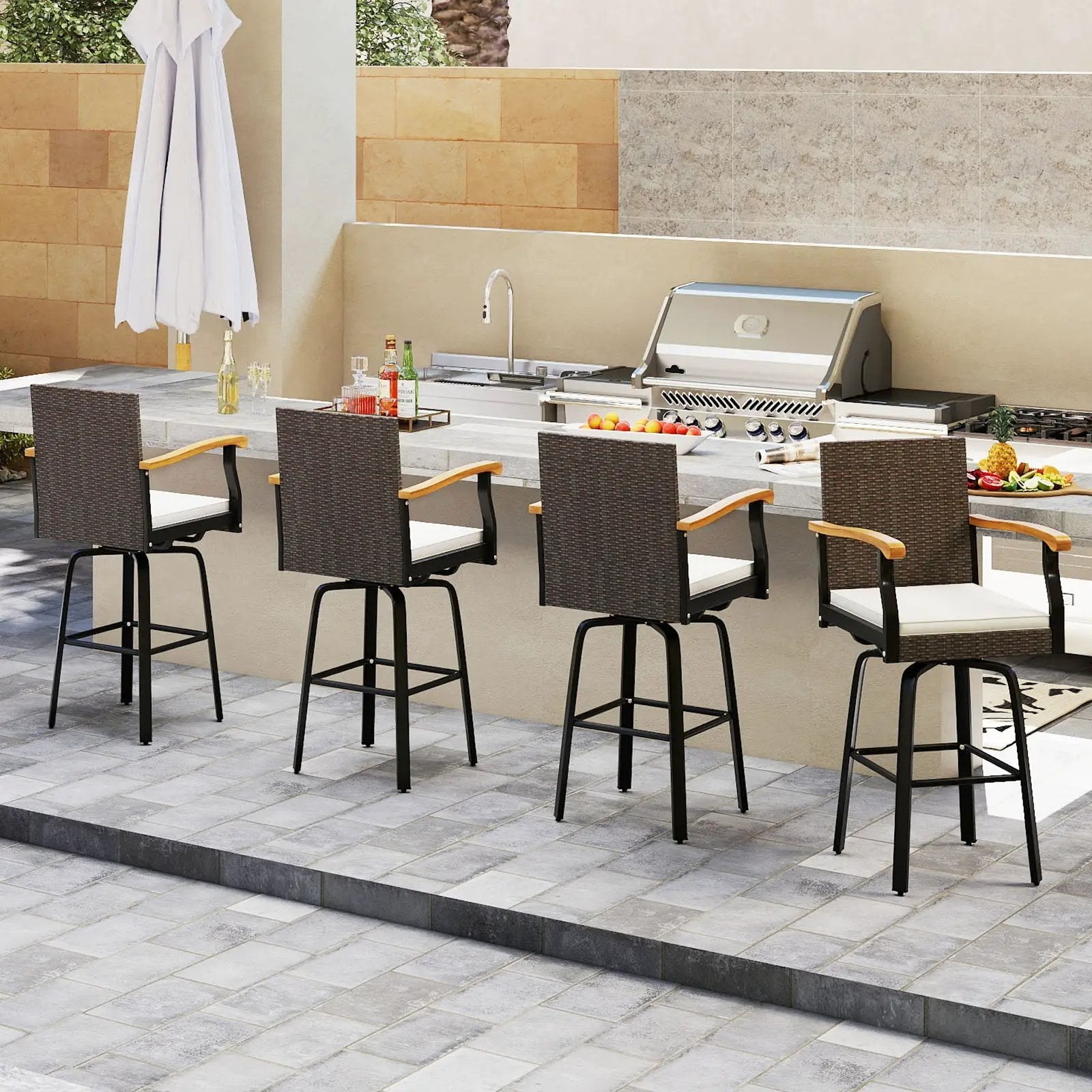 Set of 2 outdoor swivel bar stools with cushions, acacia wood armrests, wicker seats on Tampa Home & Garden Store
