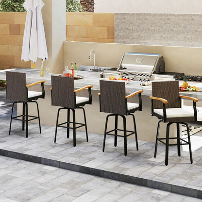 Set of 2 outdoor swivel bar stools with cushions, acacia wood armrests, wicker seats on Tampa Home & Garden Store