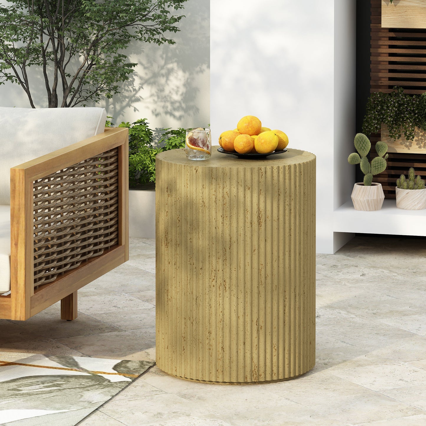 Cylindrical outdoor side table antique brown MGO with ribbed texture, oranges on top on Tampa Home & Garden Store