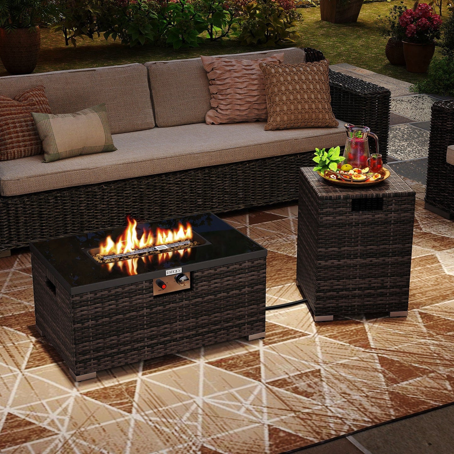 LJGDeals 2-Piece Outdoor Rattan Fire Table Set, 32-Inch gas firepit with tank cover dark wicker on Tampa Home & Garden Store