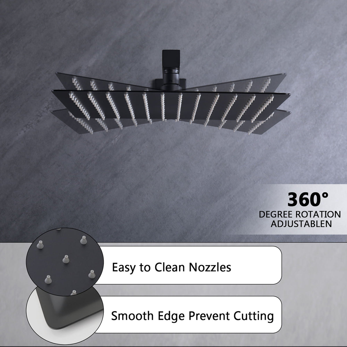 12-inch matte black ceiling-mount rainfall shower head system with square panel nozzles on Tampa Home & Garden Store
