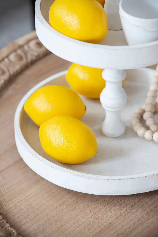 Two Tiered Round Wooden Tray white distressed finish with bright lemons on Tampa Home & Garden Store