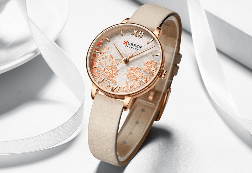 Womens waterproof watch with decoupage floral dial, beige leather strap, rose-gold case Curren on Tampa Home & Garden Store