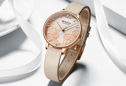 Womens waterproof watch with decoupage floral dial, beige leather strap, rose-gold case Curren on Tampa Home & Garden Store