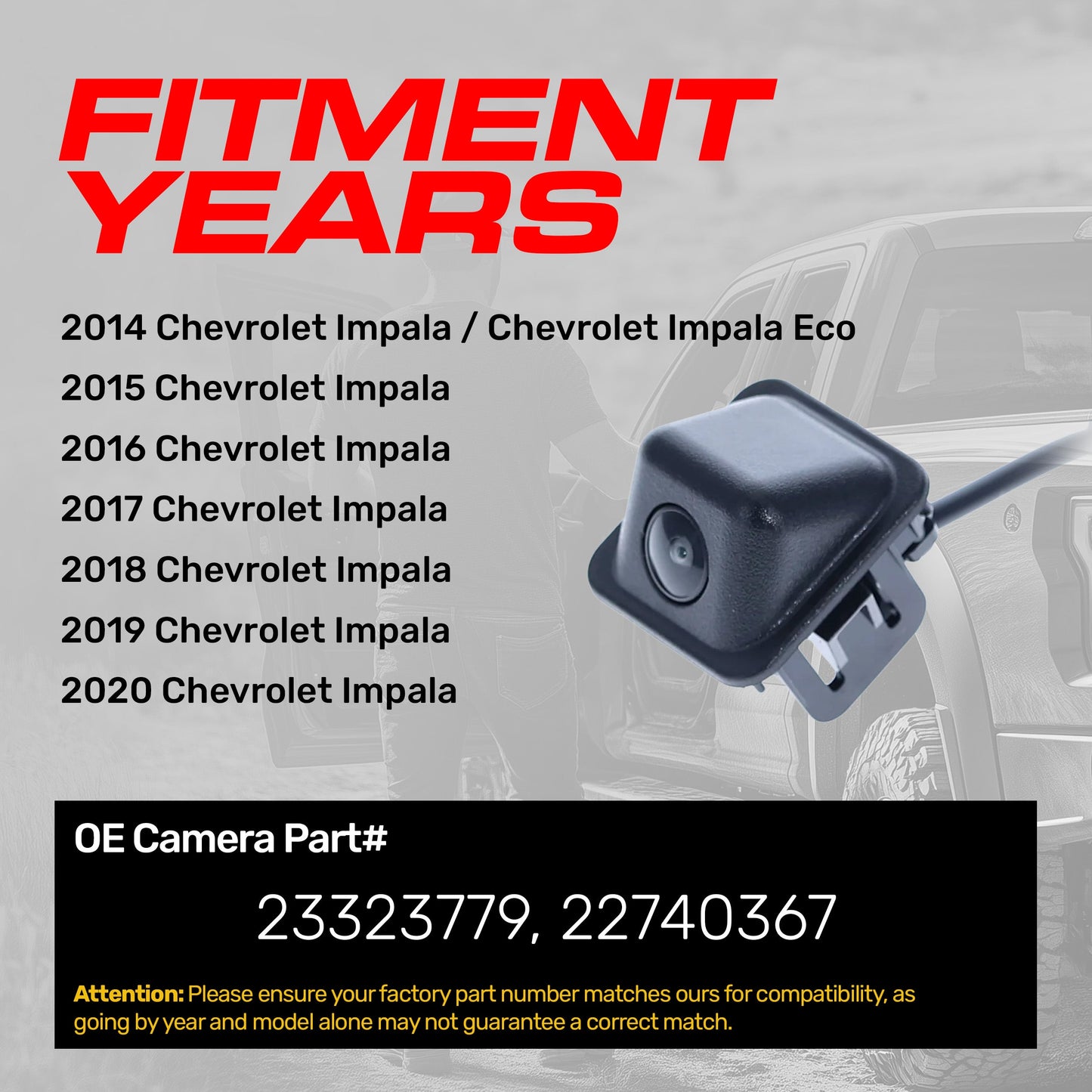 Master Tailgaters OEM backup camera for Chevrolet Impala (2014-20), P/N 23323779, 22740367 on Tampa Home & Garden Store