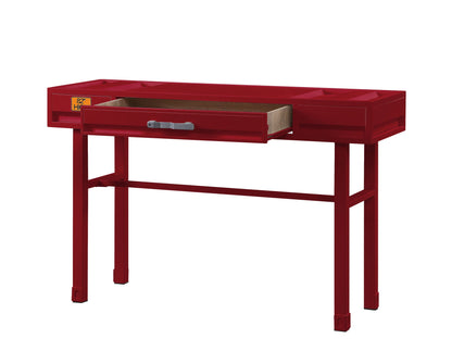 Cargo Vanity Desk red metal frame with open drawer showing wood interior, HouseOfZazla on Tampa Home & Garden Store