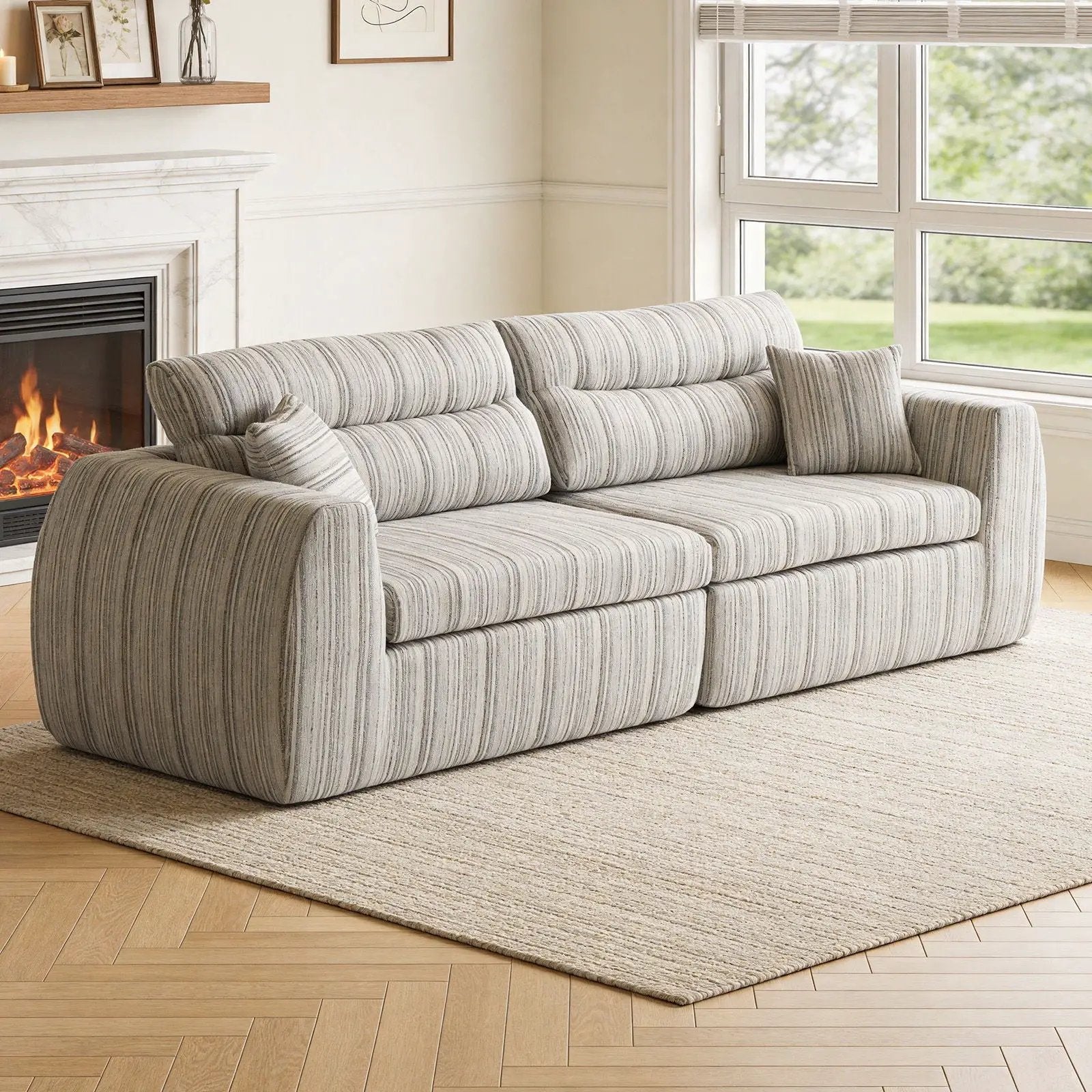 3 Seater stationary sofa with striped gray upholstery and two throw pillows on Tampa Home & Garden Store