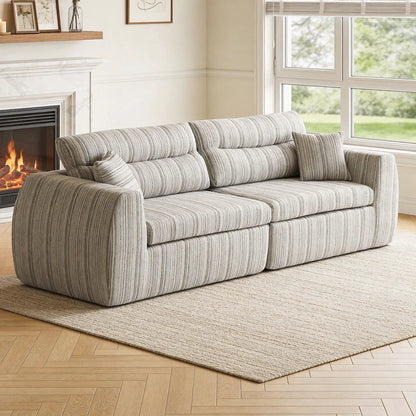 3 Seater stationary sofa with striped gray upholstery and two throw pillows on Tampa Home & Garden Store