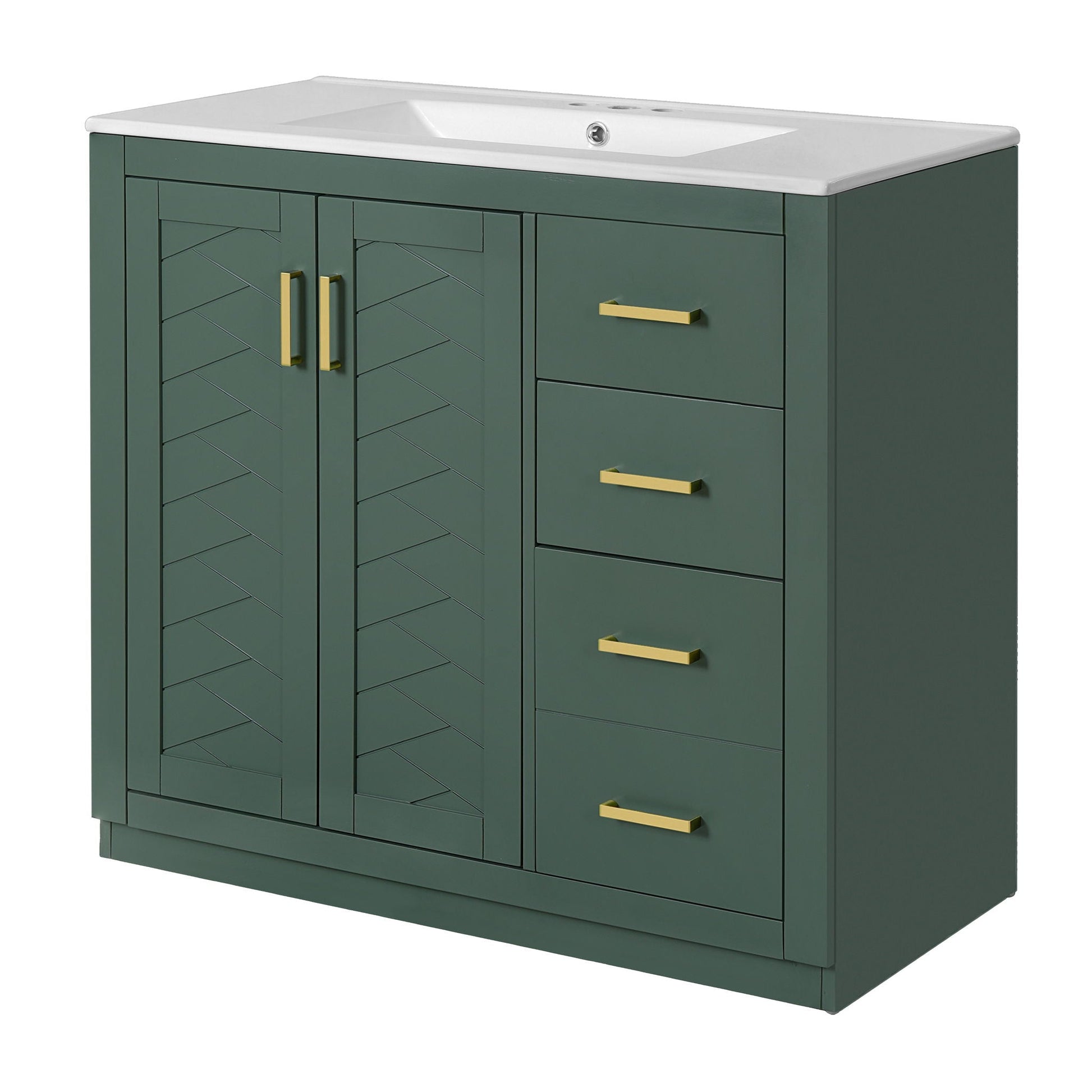 Bathroom vanity with sink HouseOfZazla, green cabinet with white top and gold handles on Tampa Home & Garden Store